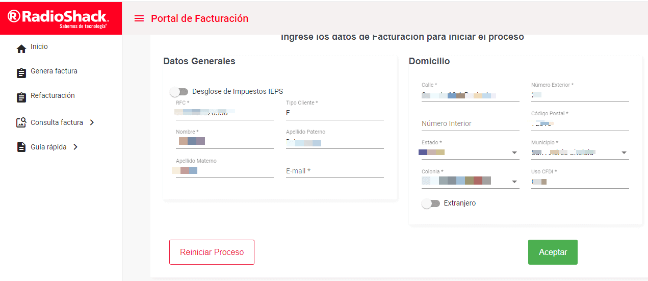 RadioShack Facturación Como facturar en Línea