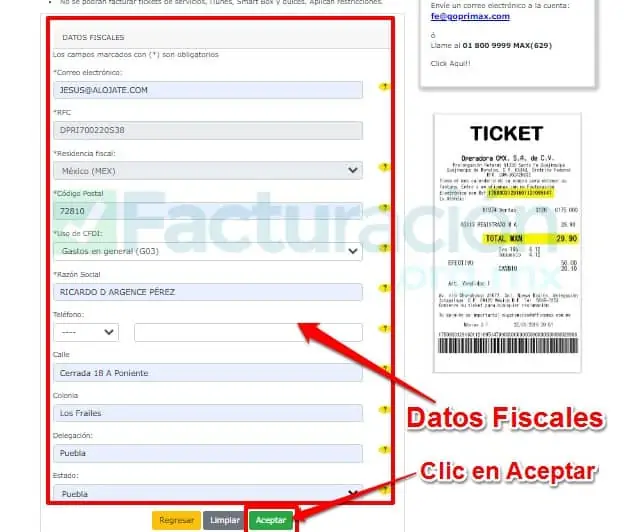 Datos fiscales para Facturar Party City