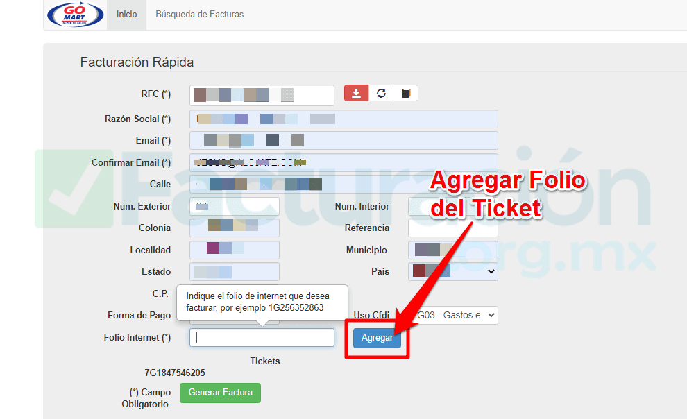 agregar folio del ticket