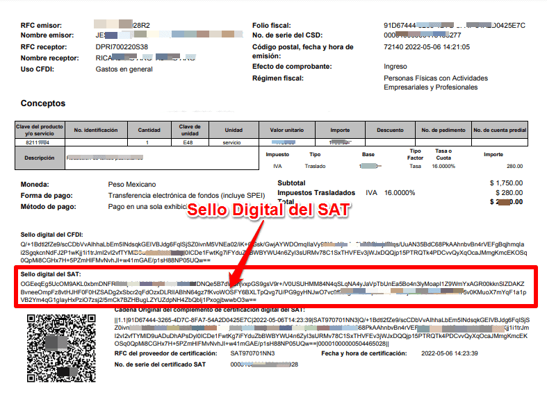 Este confirma que el SAT ha autorizado la emisión de esa factura y por ende válida su autenticidad, en otras palabras no es más que la firma digital de enterado del SAT.