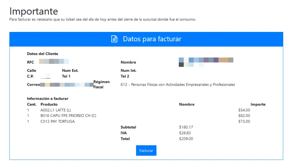 Verifica que los datos de facturación sean correctos. Facturación Italian coffee