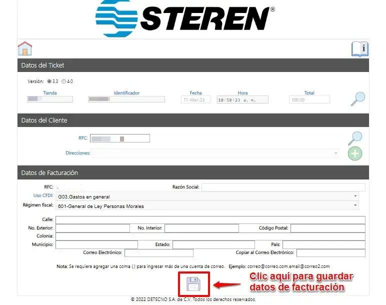 Registra tus datos en el portal de Steren para poder facturar